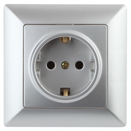Розетка двойная ЭРА Intro Solo Schuko 2X2P+E 16A 250V со шторками серебро 4-206-03 Б0043342 в современном стиле, цвет серебро