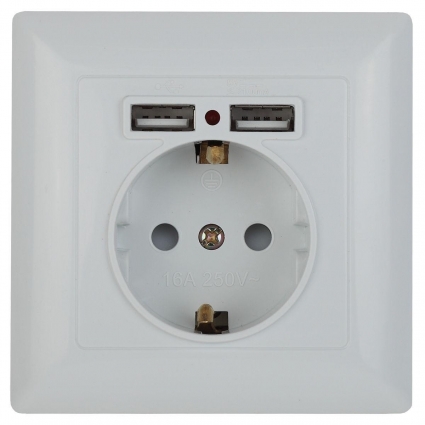 Розетка ЭРА Intro Solo Schuko P+E 16A 250V со шторками 2хUSB белый 4-410-01 Б0043403 в современном стиле, цвет белый