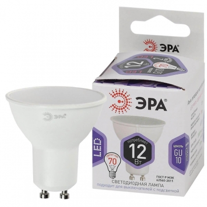 Лампа светодиодная ЭРА GU10 12W 6000K матовая LED MR16-12W-860-GU10 Б0049076 цвет белый