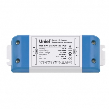 Блок питания для светодиодов 15W 1250мА Uniel UET-VPF-015A20 05828 цвет голубой