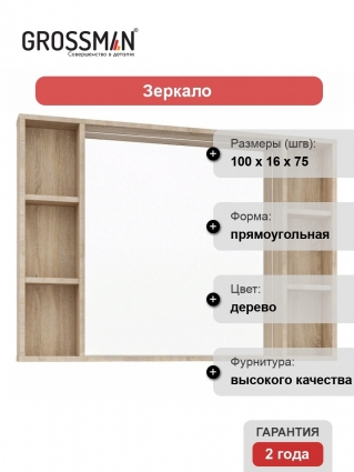 Зеркало Grossman Флай 100х75 201001 дуб сонома с полками,  в современном стиле