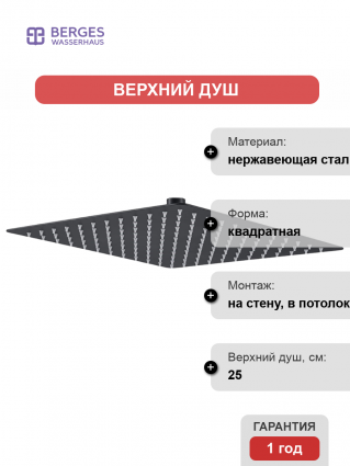 Верхний душ Berges Wasserhaus Ventas S 074002 черный матовый штанга 6 см, размер 25 см