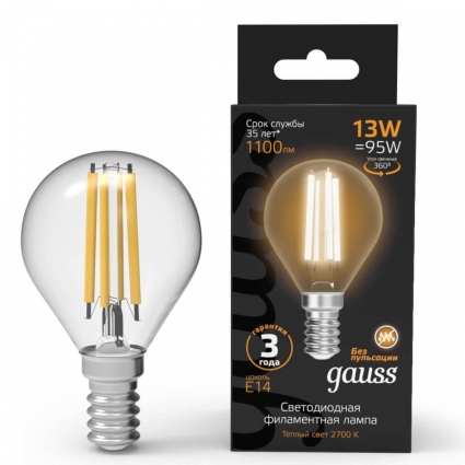 Лампа светодиодная филаментная Gauss E14 13W 2700K прозрачная 105801113 цвет прозрачный