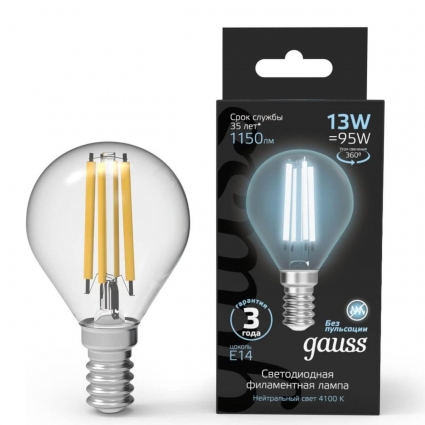 Лампа светодиодная филаментная Gauss E14 13W 4100K прозрачная 105801213 цвет прозрачный
