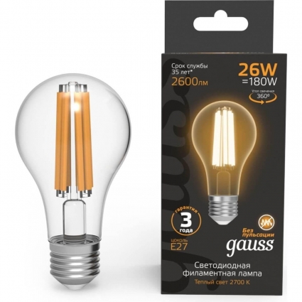 Лампа светодиодная филаментная Gauss E27 26W 2700K прозрачная 102902126 цвет прозрачный