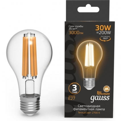 Лампа светодиодная филаментная Gauss E27 30W 2700K прозрачная 102902130 цвет прозрачный