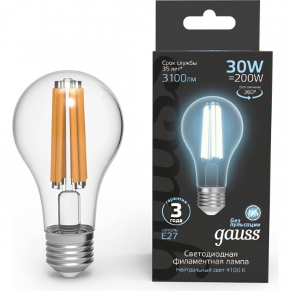 Лампа светодиодная филаментная Gauss E27 30W 2700K прозрачная 102902230 цвет прозрачный