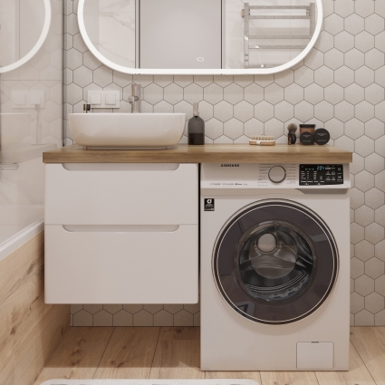 Тумба с раковиной STWORKI Берген 60 белая со светлой столешницей 122, Moduo 50 Square, R, подвесная, с ящиками