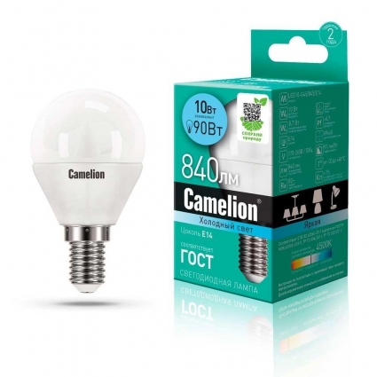 Лампа светодиодная Camelion E14 10W 4500K LED10-G45/845/E14 13567 цвет белый