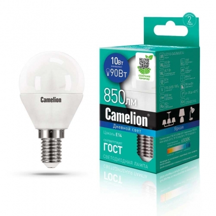 Лампа светодиодная Camelion E14 10W 6500K LED10-G45/865/E14 13569 цвет белый