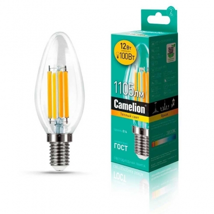 Лампа светодиодная Camelion E14 12W 3000K LED12-C35-FL/830/E14 13708 цвет прозрачный