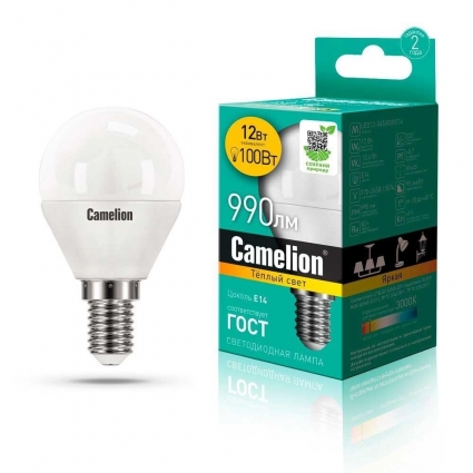 Лампа светодиодная Camelion E14 12W 3000K LED12-G45/830/E14 13693 цвет белый