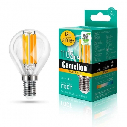 Лампа светодиодная Camelion E14 12W 3000K LED12-G45-FL/830/E14 13712 цвет прозрачный