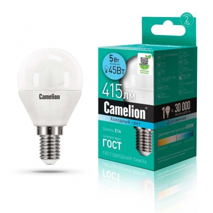 Лампа светодиодная Camelion E14 5W 4500K LED5-G45/845/E14 12029 цвет белый