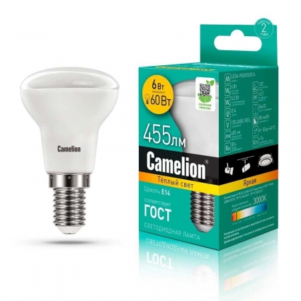 Лампа светодиодная Camelion E14 6W 3000K LED6-R50/830/E14 11658 цвет белый