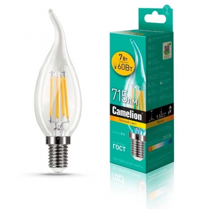 Лампа светодиодная Camelion E14 7W 3000K LED7-CW35-FL/830/E14 13454 цвет прозрачный