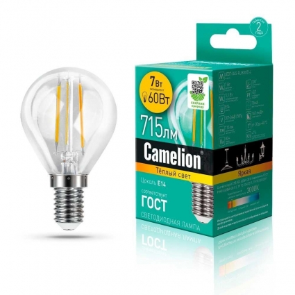 Лампа светодиодная Camelion E14 7W 3000K LED7-G45-FL/830/E14 13456 цвет прозрачный