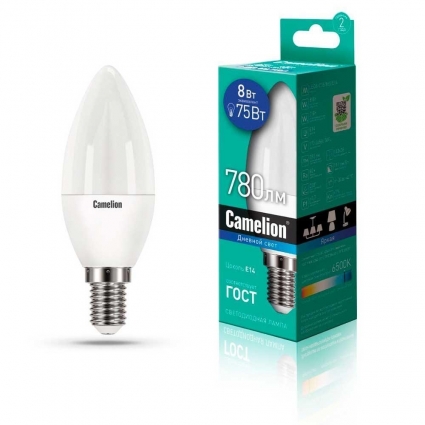 Лампа светодиодная Camelion E14 8W 6500K LED8-C35/865/E14 13370 цвет белый