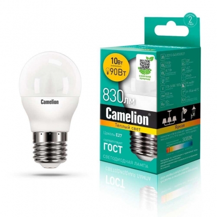 Лампа светодиодная Camelion E27 10W 3000K LED10-G45/830/E27 13566 цвет белый