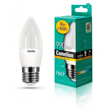 Лампа светодиодная Camelion E27 12W 3000K LED12-C35/830/E27 13688 цвет белый