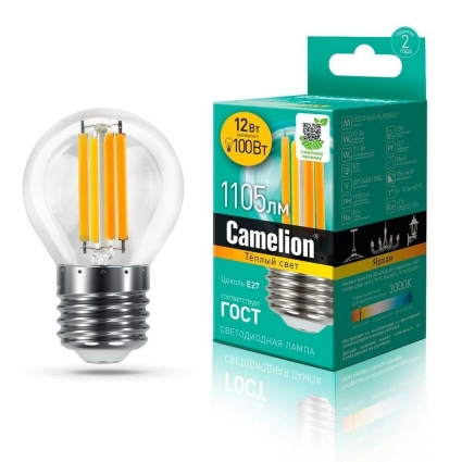 Лампа светодиодная Camelion E27 12W 3000K LED12-G45-FL/830/E27 13714 цвет прозрачный