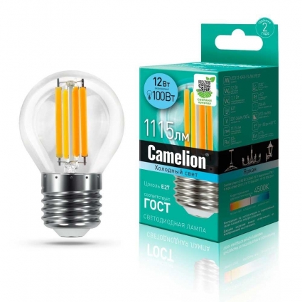 Лампа светодиодная Camelion E27 12W 4500K LED12-G45-FL/845/E27 13715 цвет прозрачный
