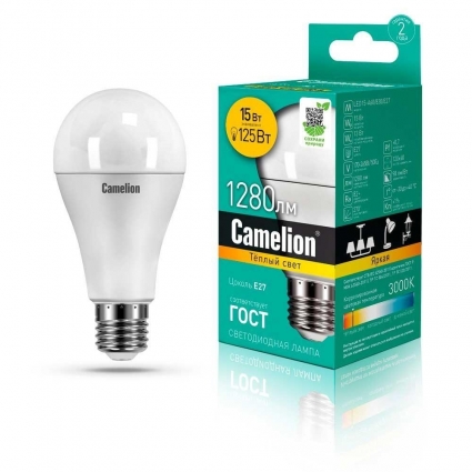 Лампа светодиодная Camelion E27 15W 3000K LED15-A60/830/E27 12185 цвет белый