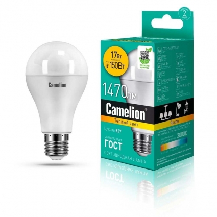 Лампа светодиодная Camelion E27 17W 3000K LED17-A65/830/E27 12308 цвет белый