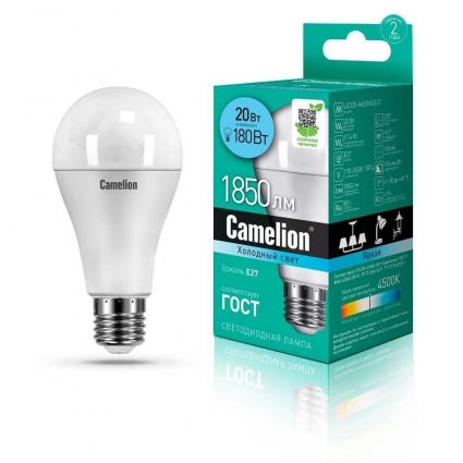 Лампа светодиодная Camelion E27 20W 4500K LED20-A65/845/E27 13165 цвет белый