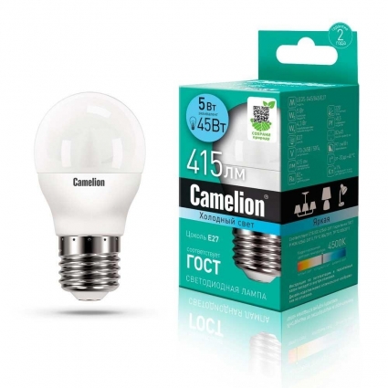 Лампа светодиодная Camelion E27 5W 4500K LED5-G45/845/E27 12030 цвет белый