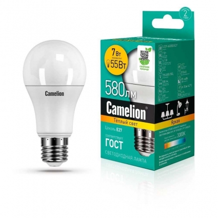Лампа светодиодная Camelion E27 7W 3000K LED7-A60/830/E27 11253 цвет белый