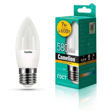 Лампа светодиодная Camelion E27 7W 3000K LED7-C35/830/E27 12077 цвет белый