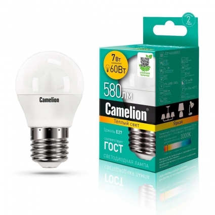 Лампа светодиодная Camelion E27 7W 3000K LED7-G45/830/E27 12070 цвет белый