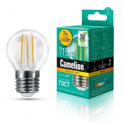 Лампа светодиодная Camelion E27 7W 3000K LED7-G45-FL/830/E27 13457 цвет прозрачный