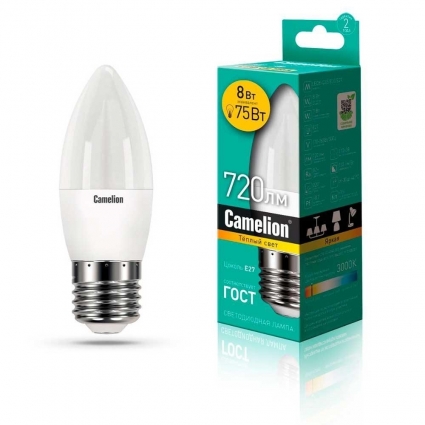 Лампа светодиодная Camelion E27 8W 3000K LED8-C35/830/E27 12389 цвет белый