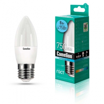 Лампа светодиодная Camelion E27 8W 4500K LED8-C35/845/E27 12390 цвет белый
