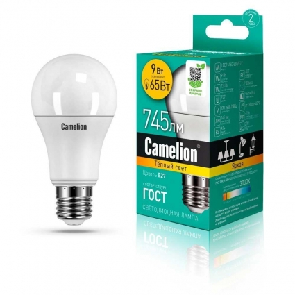 Лампа светодиодная Camelion E27 9W 3000K LED9-A60/830/E27 12043 цвет белый