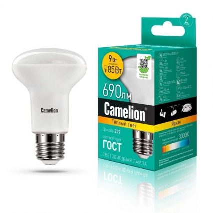 Лампа светодиодная Camelion E27 9W 3000K LED9-R63/830/E27 13476 цвет белый