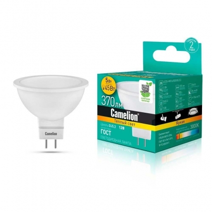 Лампа светодиодная Camelion GU5.3 12W 3000K LED5-MR16/830/GU5.3 12025 цвет белый