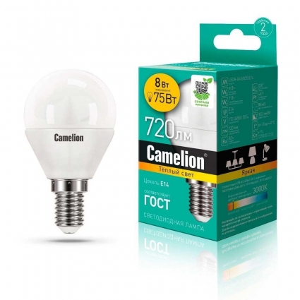 Лампа светодиодная Camelion E14 8W 3000K LED8-G45/830/E14 12391 цвет белый