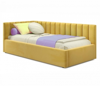 Кровать с подъемным механизмом и матрасом LASKA Family Milena 90х200 желтого цвета, с изголовьем, с ящиком для хранения