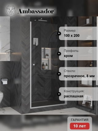 Душевая дверь в нишу Ambassador Elysium 111011111CX 100 см распашная, стекло прозрачное