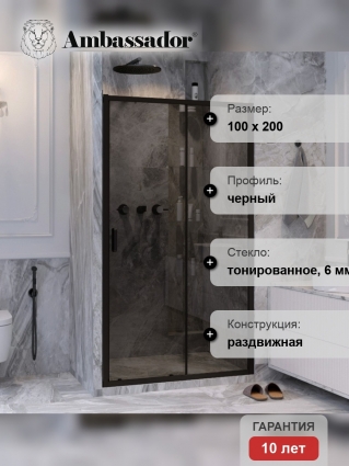 Душевая дверь в нишу Ambassador Forsa 17022216ABB 100 см, профиль черный, стекло тонированное, раздвижная, с покрытием анти-капля