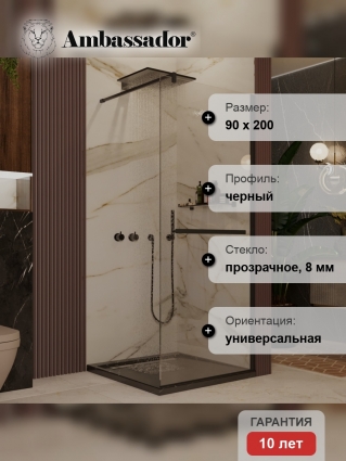 Душевая перегородка Ambassador Walk-in 15031236 90x200 см, профиль черный, стекло прозрачное, с покрытием анти-капля
