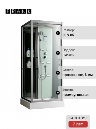 Душевая кабина Frank F501 90х85х218 профиль хром, стекло прозрачное, прямоугольная, поддон низкий