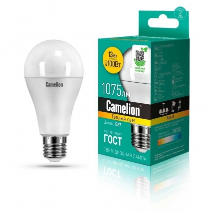 Лампа светодиодная Camelion E27 13W 3000K LED13-A60/830/E27 12045 цвет белый