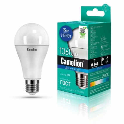 Лампа светодиодная Camelion E27 15W 6500K LED15-A60/865/E27 12713 цвет белый