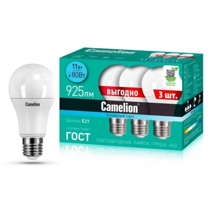 Лампа светодиодная Camelion E27 11W 4500K 3 шт. LED11-A60-3/845/E27 14711 цвет белый