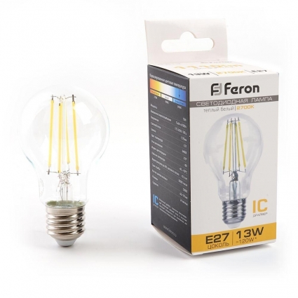 Лампа светодиодная филаментная Feron E27 13W 2700K прозрачная LB-613 38239 цвет прозрачный
