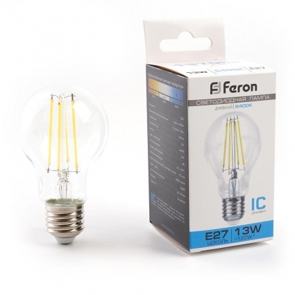 Лампа светодиодная филаментная Feron E27 13W 6400K прозрачная LB-613 48283 цвет прозрачный